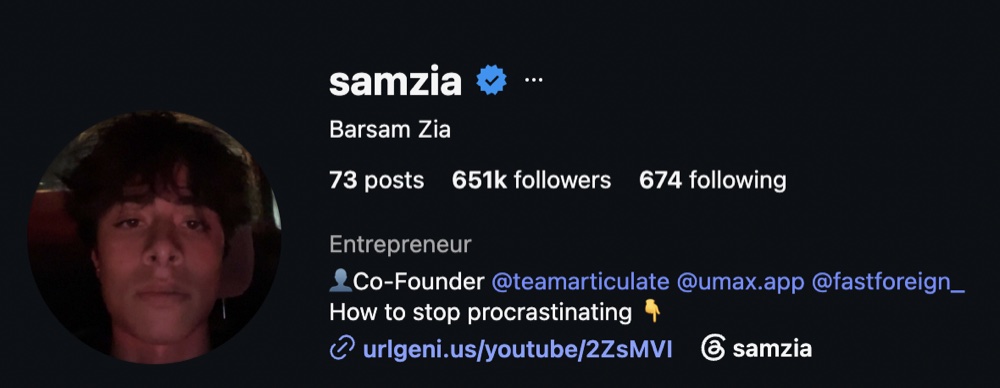 Sam Zia, 651k followers